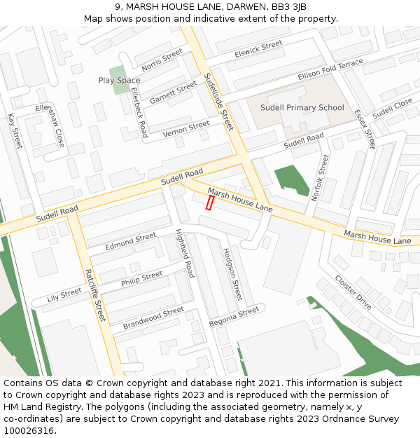 9, MARSH HOUSE LANE, DARWEN, BB3 3JB: Location map and indicative extent of plot