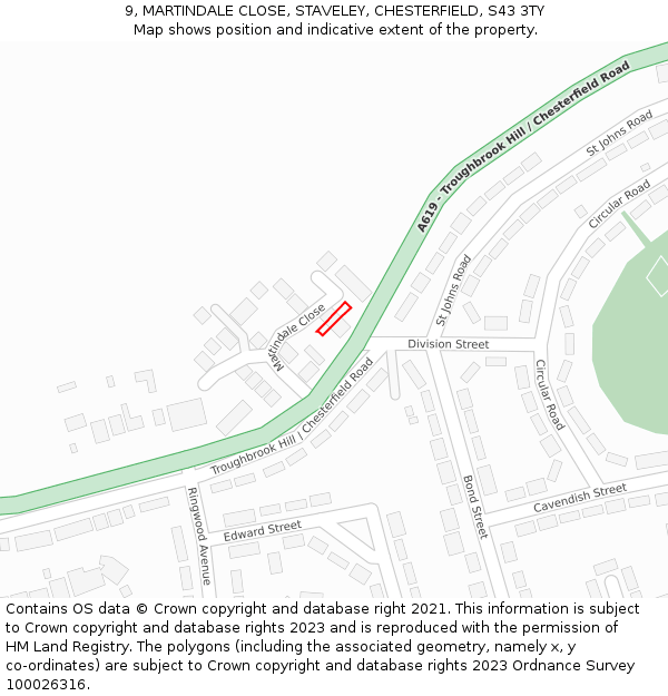 9, MARTINDALE CLOSE, STAVELEY, CHESTERFIELD, S43 3TY: Location map and indicative extent of plot