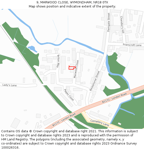 9, MARWOOD CLOSE, WYMONDHAM, NR18 0TX: Location map and indicative extent of plot