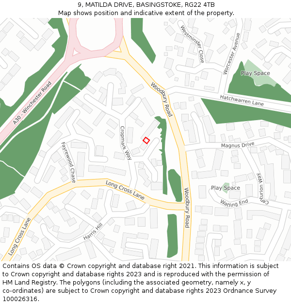 9, MATILDA DRIVE, BASINGSTOKE, RG22 4TB: Location map and indicative extent of plot