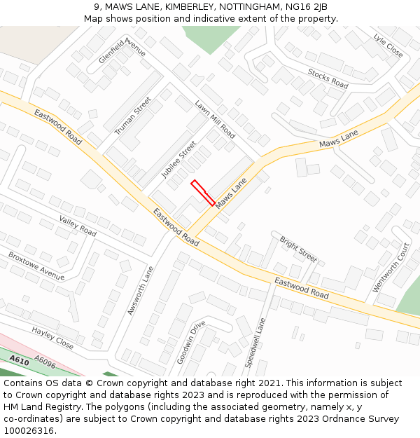 9, MAWS LANE, KIMBERLEY, NOTTINGHAM, NG16 2JB: Location map and indicative extent of plot