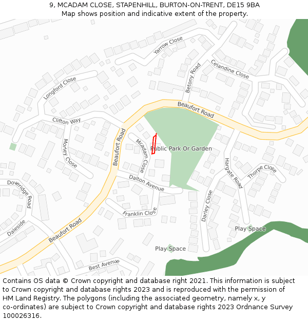 9, MCADAM CLOSE, STAPENHILL, BURTON-ON-TRENT, DE15 9BA: Location map and indicative extent of plot