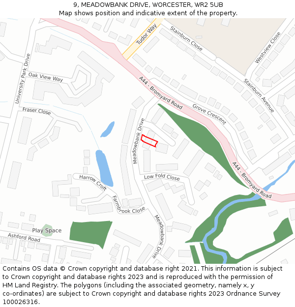 9, MEADOWBANK DRIVE, WORCESTER, WR2 5UB: Location map and indicative extent of plot