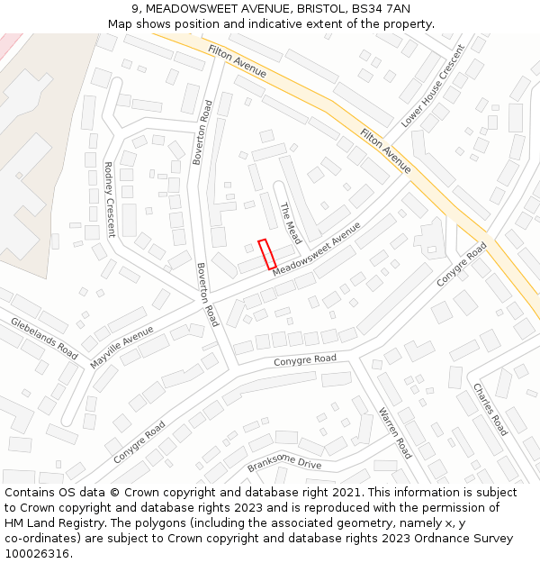 9, MEADOWSWEET AVENUE, BRISTOL, BS34 7AN: Location map and indicative extent of plot