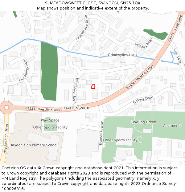 9, MEADOWSWEET CLOSE, SWINDON, SN25 1QX: Location map and indicative extent of plot