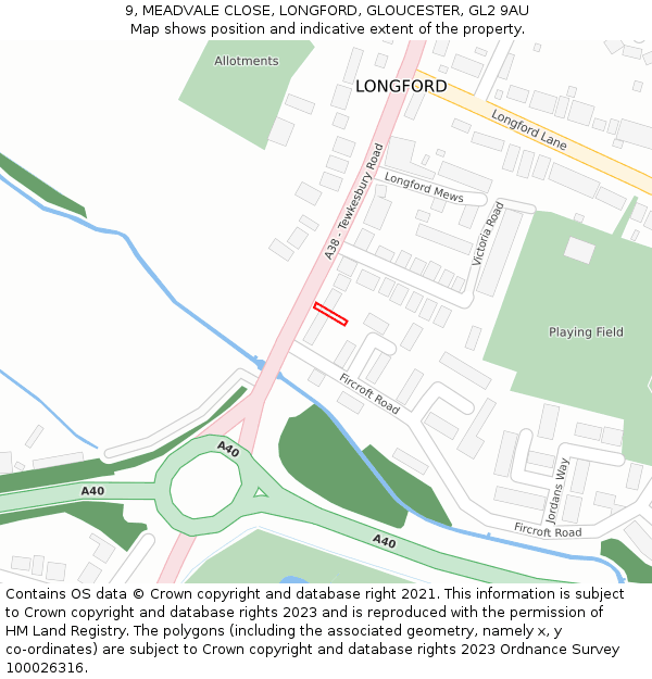 9, MEADVALE CLOSE, LONGFORD, GLOUCESTER, GL2 9AU: Location map and indicative extent of plot