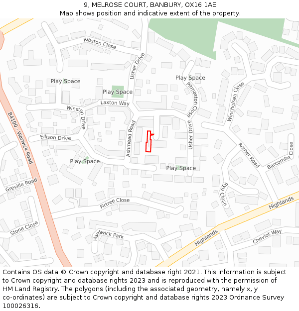 9, MELROSE COURT, BANBURY, OX16 1AE: Location map and indicative extent of plot