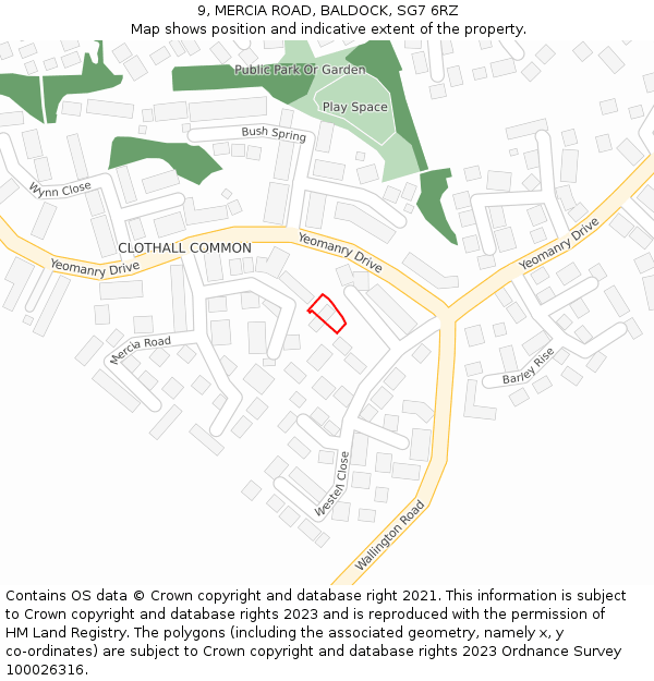 9, MERCIA ROAD, BALDOCK, SG7 6RZ: Location map and indicative extent of plot