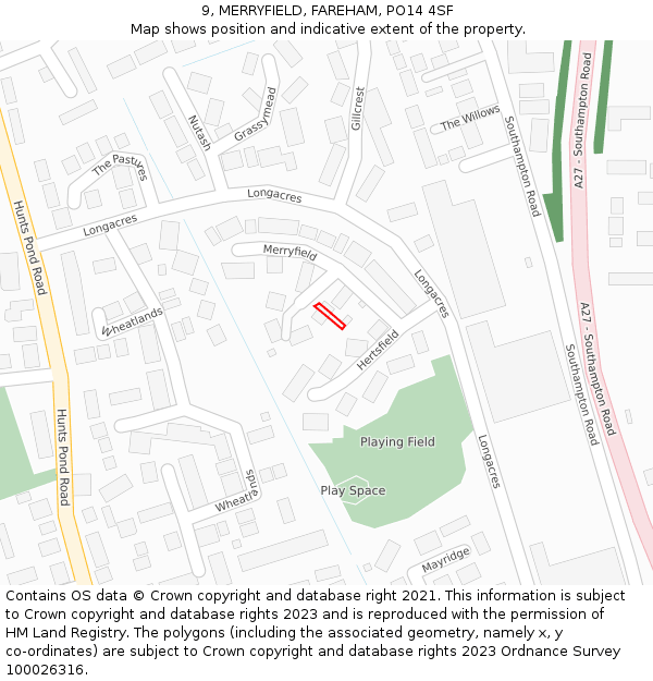 9, MERRYFIELD, FAREHAM, PO14 4SF: Location map and indicative extent of plot