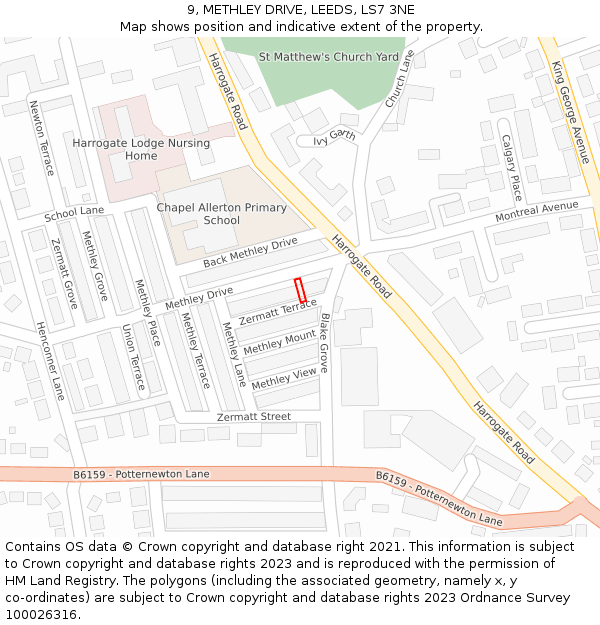9, METHLEY DRIVE, LEEDS, LS7 3NE: Location map and indicative extent of plot