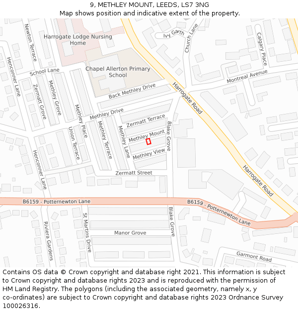 9, METHLEY MOUNT, LEEDS, LS7 3NG: Location map and indicative extent of plot