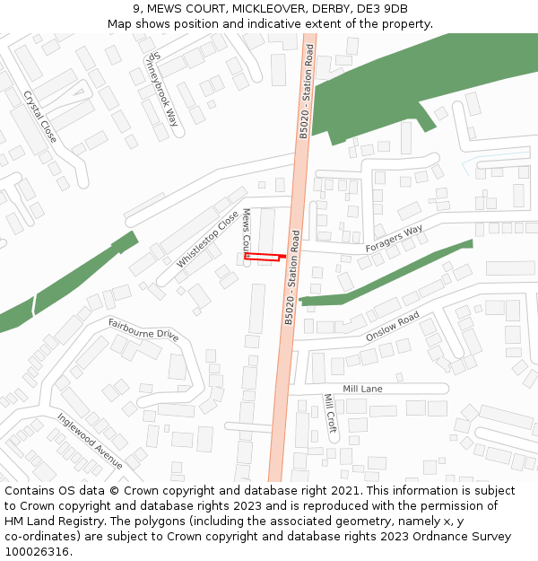 9, MEWS COURT, MICKLEOVER, DERBY, DE3 9DB: Location map and indicative extent of plot