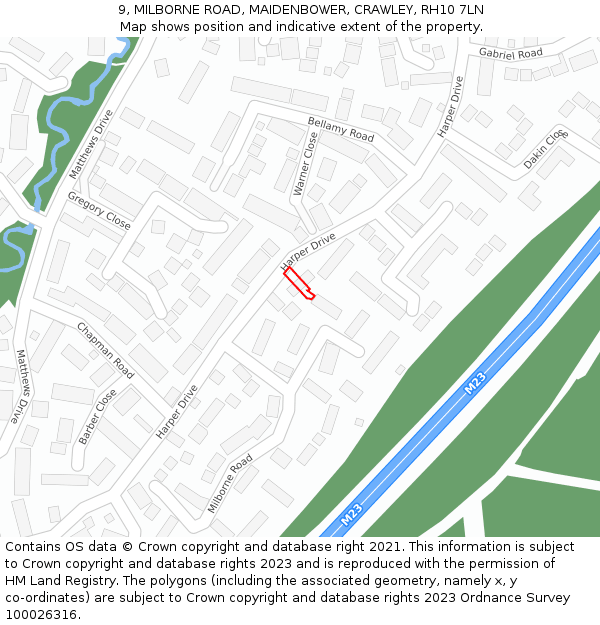 9, MILBORNE ROAD, MAIDENBOWER, CRAWLEY, RH10 7LN: Location map and indicative extent of plot