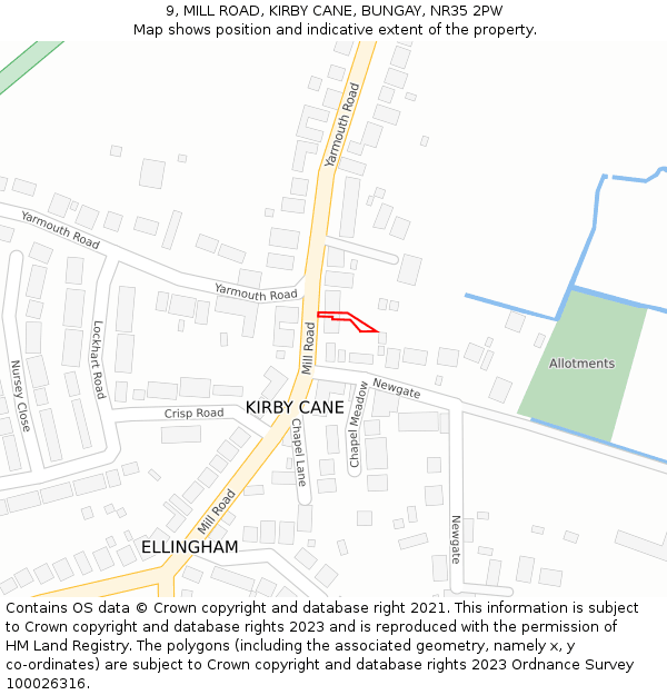 9, MILL ROAD, KIRBY CANE, BUNGAY, NR35 2PW: Location map and indicative extent of plot