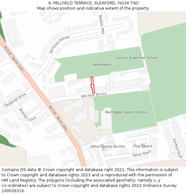 9, MILLFIELD TERRACE, SLEAFORD, NG34 7AD: Location map and indicative extent of plot