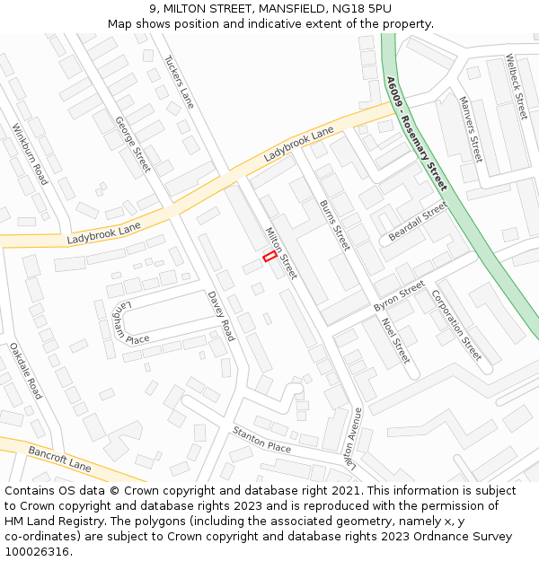 9, MILTON STREET, MANSFIELD, NG18 5PU: Location map and indicative extent of plot