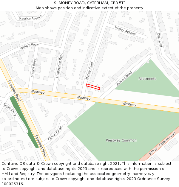 9, MONEY ROAD, CATERHAM, CR3 5TF: Location map and indicative extent of plot