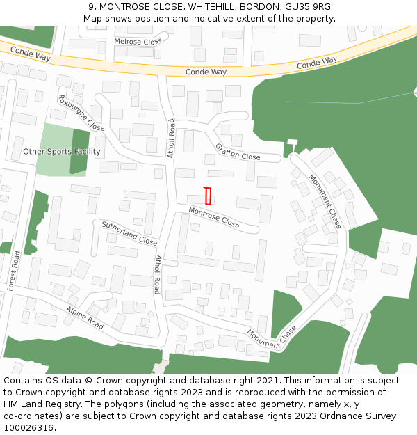 9, MONTROSE CLOSE, WHITEHILL, BORDON, GU35 9RG: Location map and indicative extent of plot