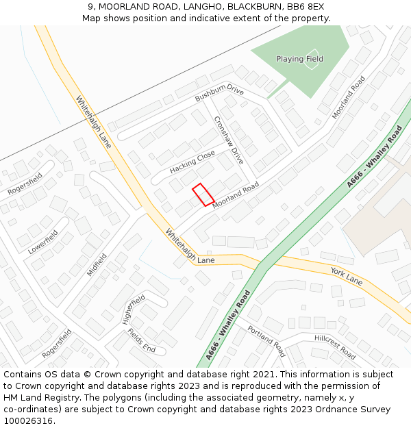 9, MOORLAND ROAD, LANGHO, BLACKBURN, BB6 8EX: Location map and indicative extent of plot