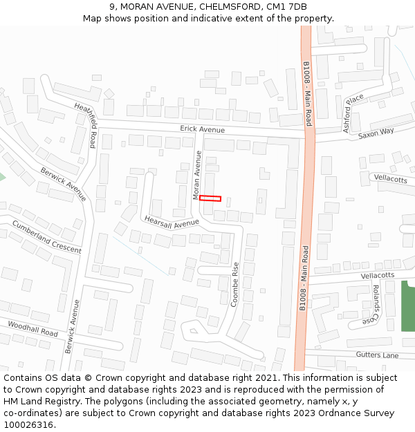 9, MORAN AVENUE, CHELMSFORD, CM1 7DB: Location map and indicative extent of plot