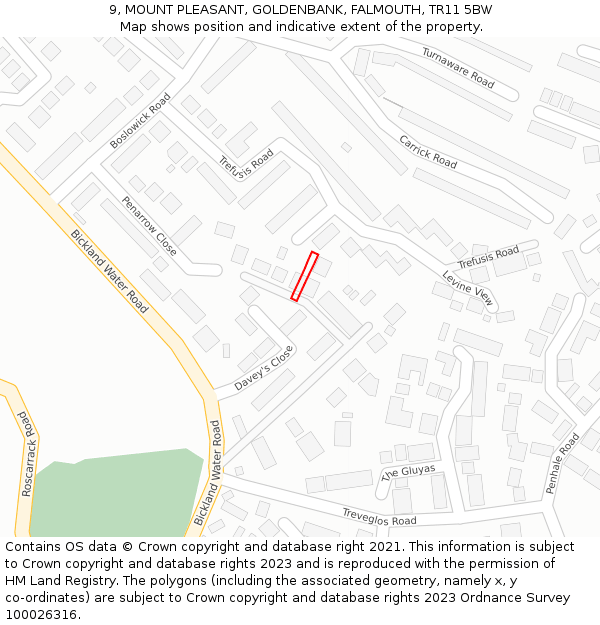 9, MOUNT PLEASANT, GOLDENBANK, FALMOUTH, TR11 5BW: Location map and indicative extent of plot