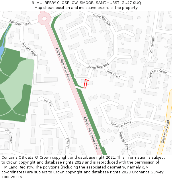 9, MULBERRY CLOSE, OWLSMOOR, SANDHURST, GU47 0UQ: Location map and indicative extent of plot