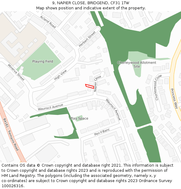 9, NAPIER CLOSE, BRIDGEND, CF31 1TW: Location map and indicative extent of plot