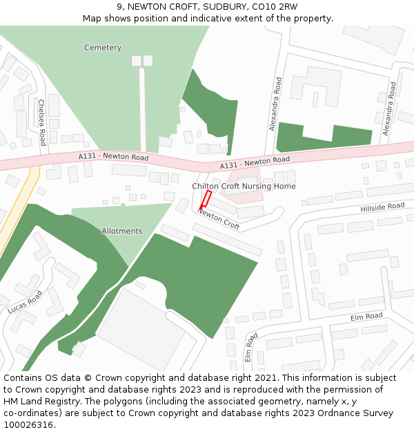 9, NEWTON CROFT, SUDBURY, CO10 2RW: Location map and indicative extent of plot