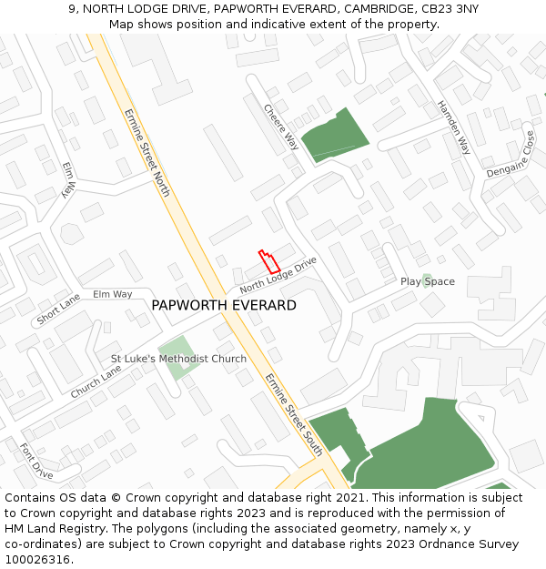 9, NORTH LODGE DRIVE, PAPWORTH EVERARD, CAMBRIDGE, CB23 3NY: Location map and indicative extent of plot