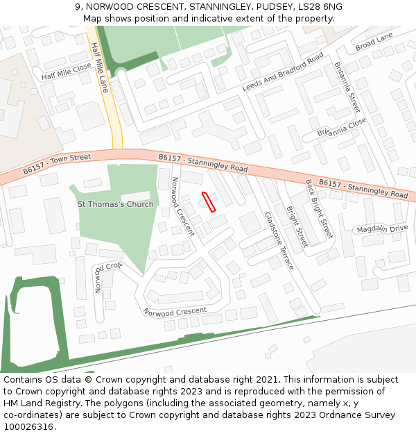 9, NORWOOD CRESCENT, STANNINGLEY, PUDSEY, LS28 6NG: Location map and indicative extent of plot