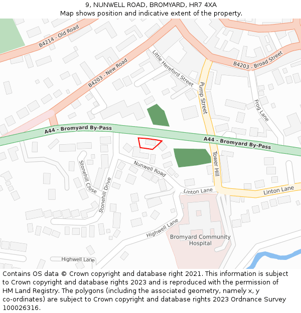 9, NUNWELL ROAD, BROMYARD, HR7 4XA: Location map and indicative extent of plot