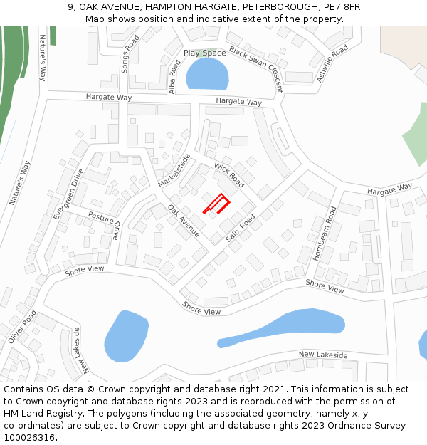 9, OAK AVENUE, HAMPTON HARGATE, PETERBOROUGH, PE7 8FR: Location map and indicative extent of plot