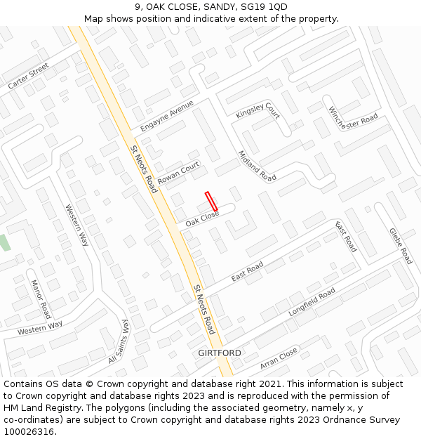 9, OAK CLOSE, SANDY, SG19 1QD: Location map and indicative extent of plot