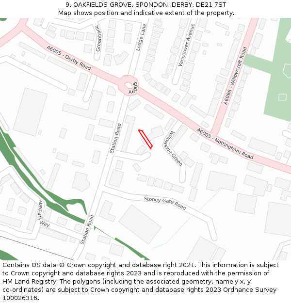 9, OAKFIELDS GROVE, SPONDON, DERBY, DE21 7ST: Location map and indicative extent of plot