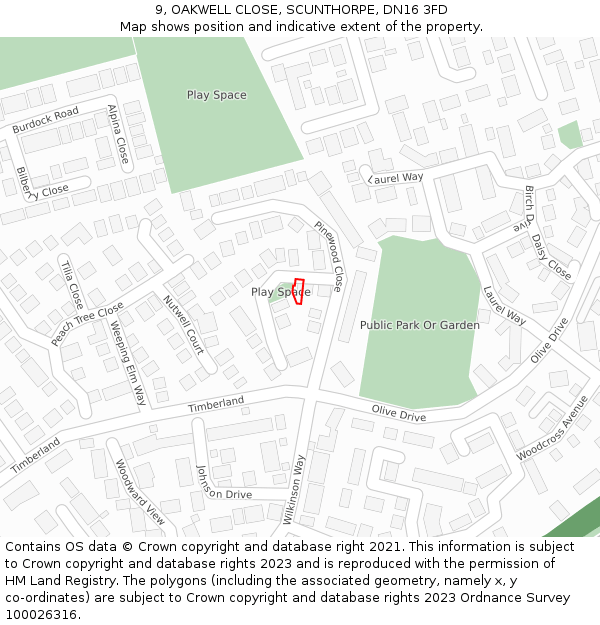 9, OAKWELL CLOSE, SCUNTHORPE, DN16 3FD: Location map and indicative extent of plot