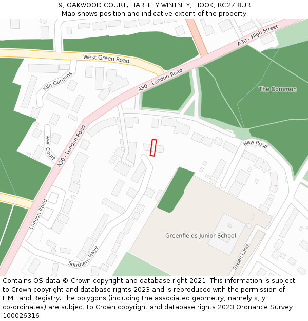 9, OAKWOOD COURT, HARTLEY WINTNEY, HOOK, RG27 8UR: Location map and indicative extent of plot