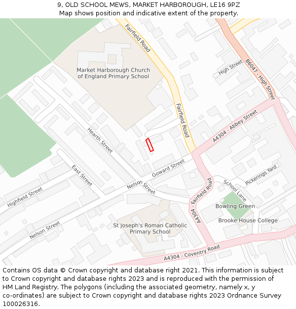 9, OLD SCHOOL MEWS, MARKET HARBOROUGH, LE16 9PZ: Location map and indicative extent of plot