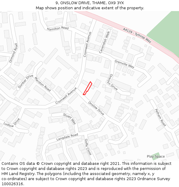 9, ONSLOW DRIVE, THAME, OX9 3YX: Location map and indicative extent of plot