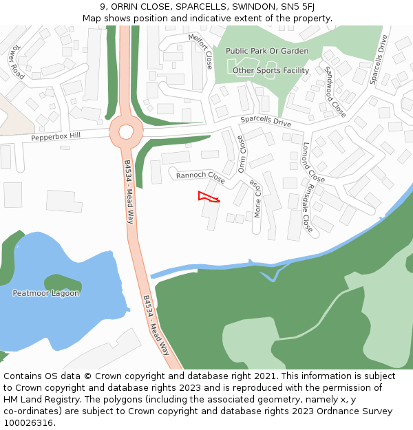 9, ORRIN CLOSE, SPARCELLS, SWINDON, SN5 5FJ: Location map and indicative extent of plot