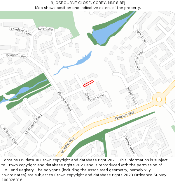 9, OSBOURNE CLOSE, CORBY, NN18 8PJ: Location map and indicative extent of plot