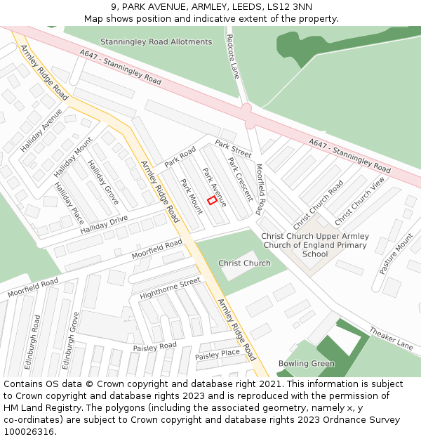 9, PARK AVENUE, ARMLEY, LEEDS, LS12 3NN: Location map and indicative extent of plot