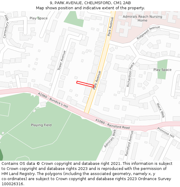 9, PARK AVENUE, CHELMSFORD, CM1 2AB: Location map and indicative extent of plot
