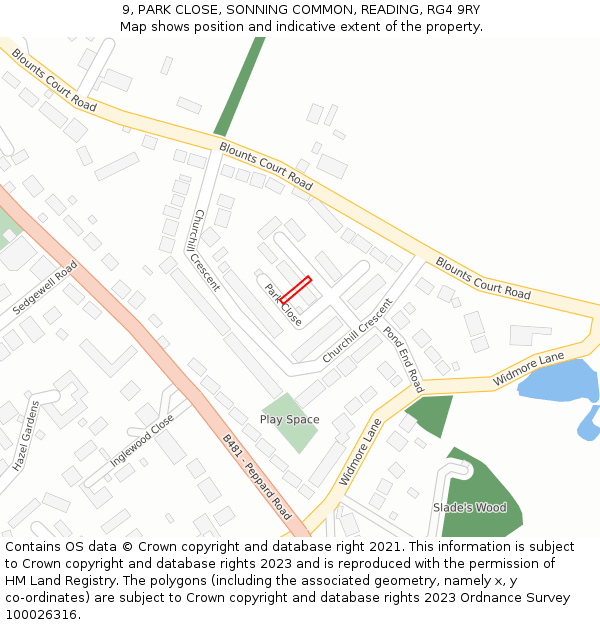 9, PARK CLOSE, SONNING COMMON, READING, RG4 9RY: Location map and indicative extent of plot