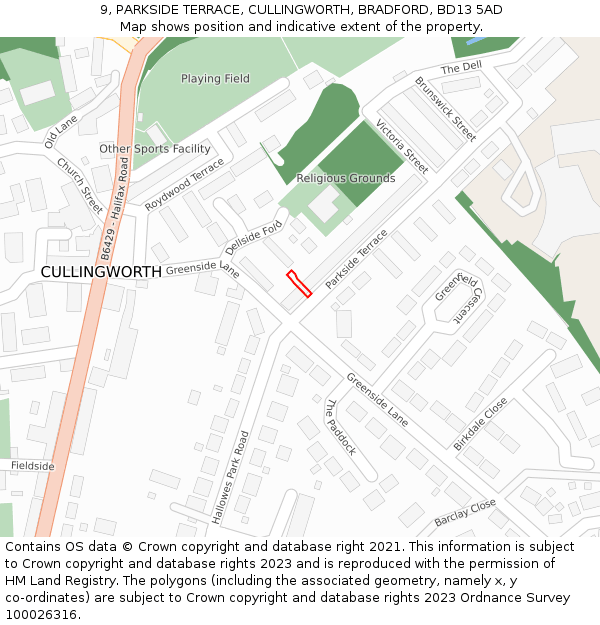 9, PARKSIDE TERRACE, CULLINGWORTH, BRADFORD, BD13 5AD: Location map and indicative extent of plot