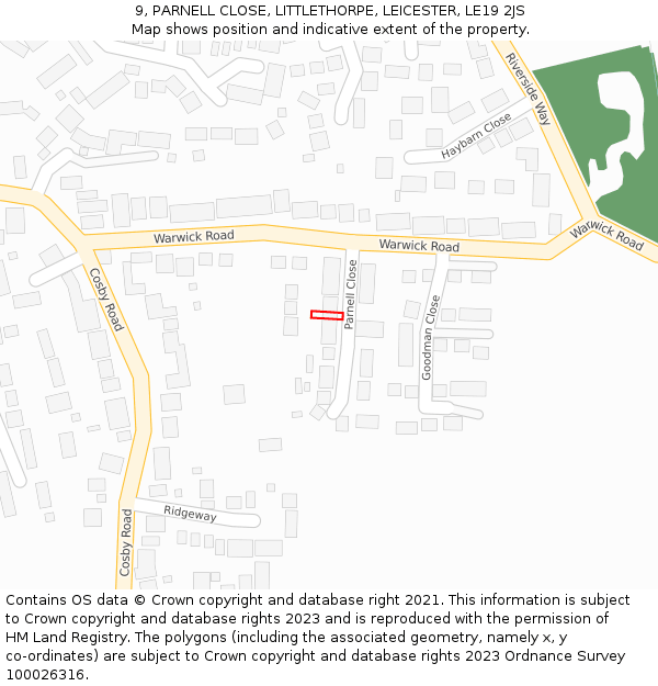 9, PARNELL CLOSE, LITTLETHORPE, LEICESTER, LE19 2JS: Location map and indicative extent of plot
