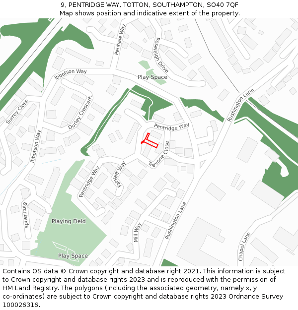 9, PENTRIDGE WAY, TOTTON, SOUTHAMPTON, SO40 7QF: Location map and indicative extent of plot