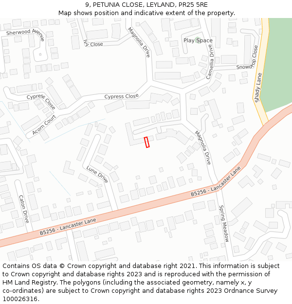 9, PETUNIA CLOSE, LEYLAND, PR25 5RE: Location map and indicative extent of plot