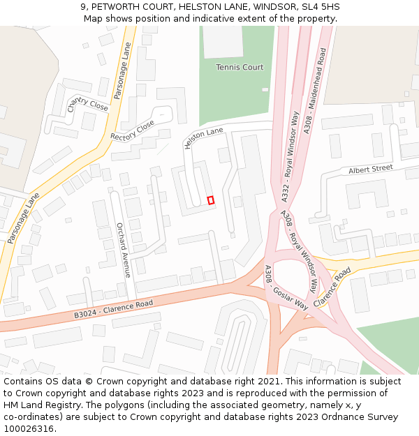 9, PETWORTH COURT, HELSTON LANE, WINDSOR, SL4 5HS: Location map and indicative extent of plot