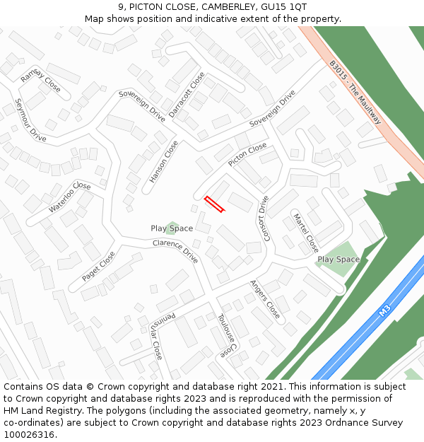 9, PICTON CLOSE, CAMBERLEY, GU15 1QT: Location map and indicative extent of plot