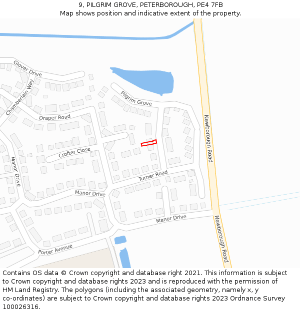 9, PILGRIM GROVE, PETERBOROUGH, PE4 7FB: Location map and indicative extent of plot